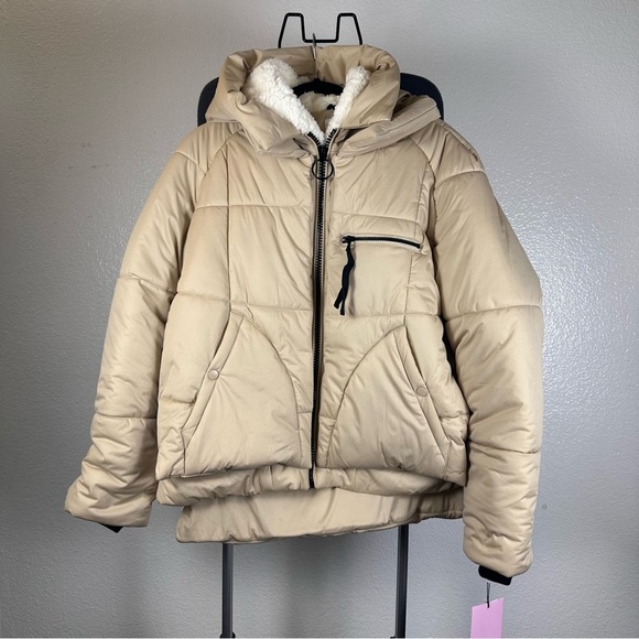 Avec les Filles Tan Hooded Puffer Jacket with Sherpa Lining - Picture 1 of 10